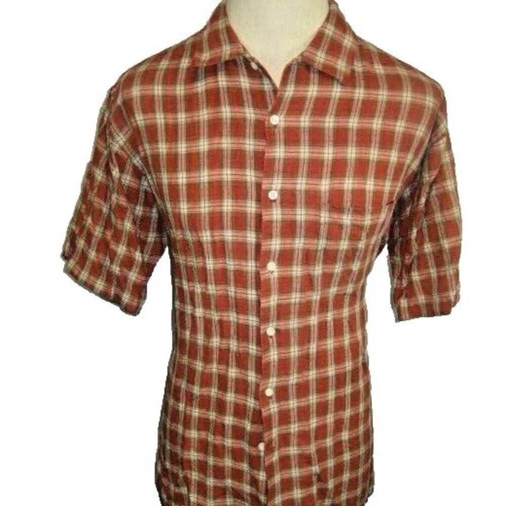 Mens Siegfried Rust  Color Check Linen/Cotton SS Casual Shirt sz M